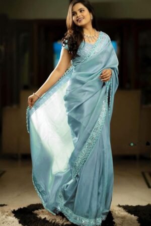 Party Wear Silver Tissue Silk Sky Blue Saree