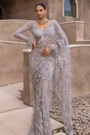 Party Wear Nylon Butterfly Net Gray Saree