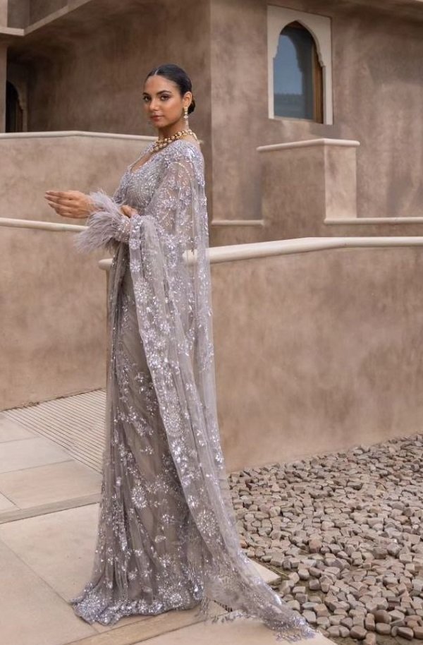 Party Wear Nylon Butterfly Net Gray Saree - Image 3