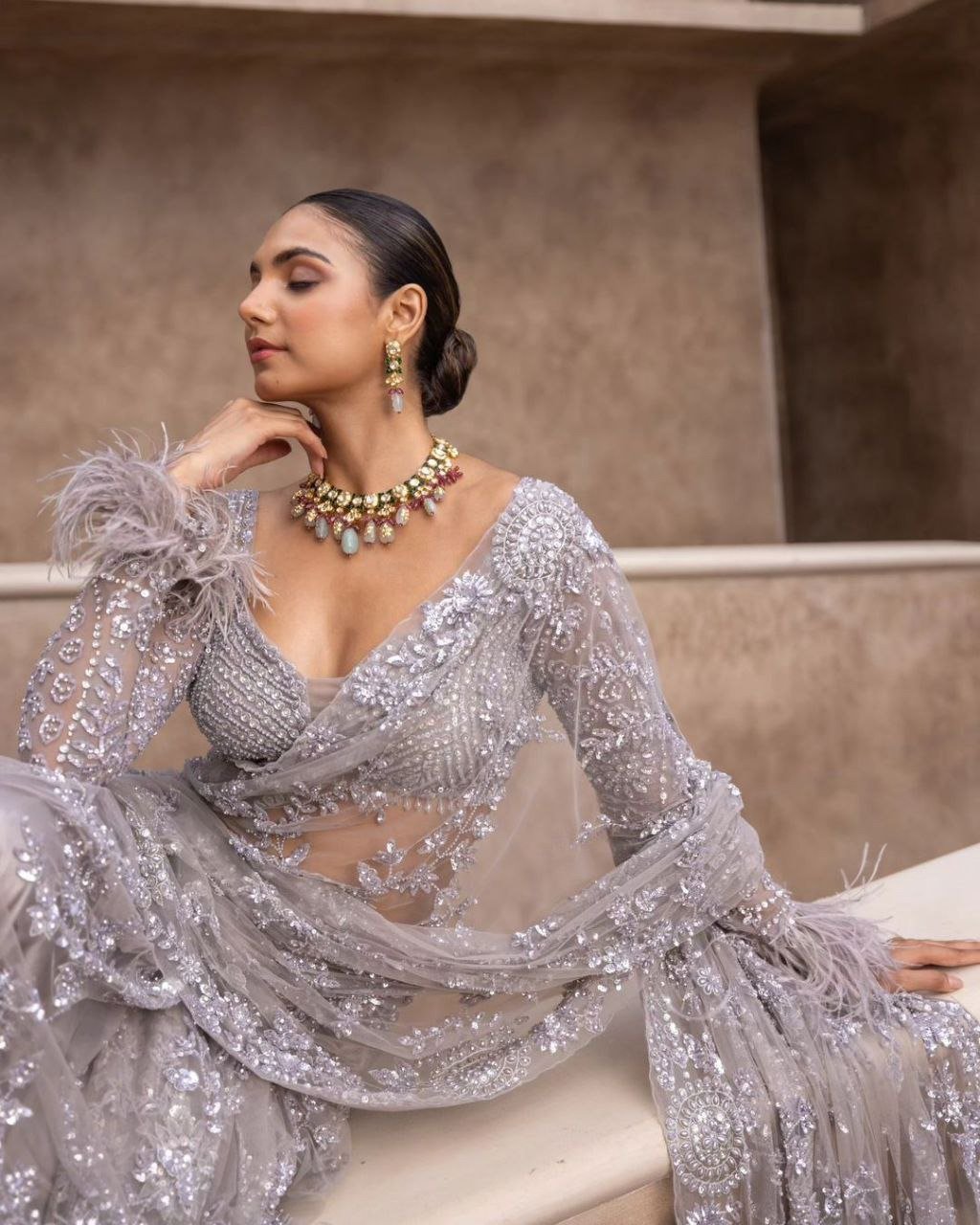 Party Wear Nylon Butterfly Net Gray Saree - Image 4