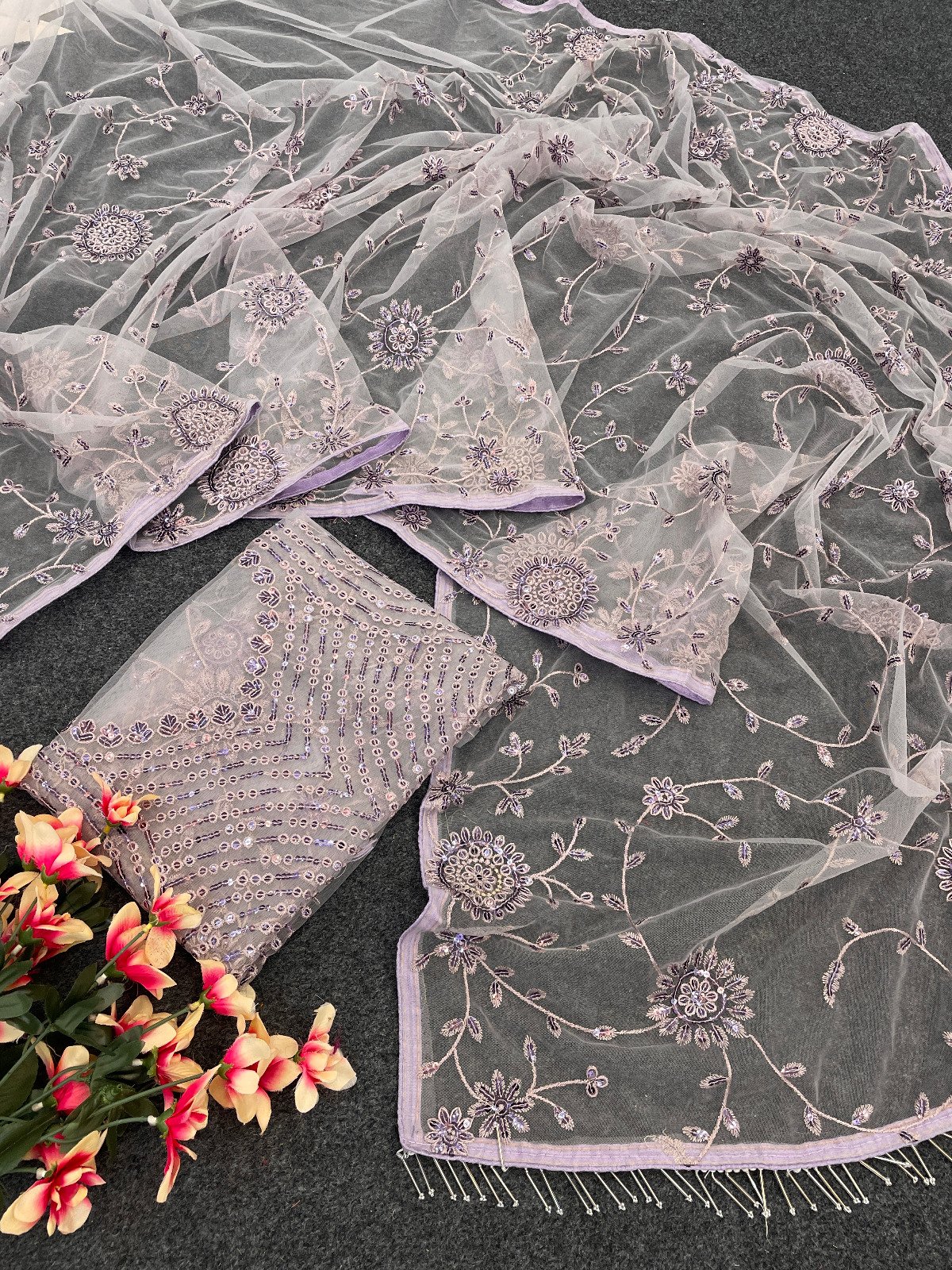 Party Wear Nylon Butterfly Net Gray Saree - Image 6