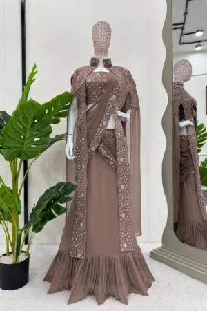 Wedding Wear Georgette Brown Lehenga Saree