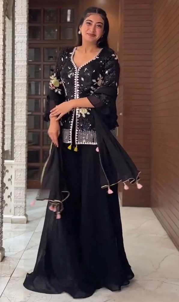 Party Wear Georgette Black Sharara Suit - Image 2