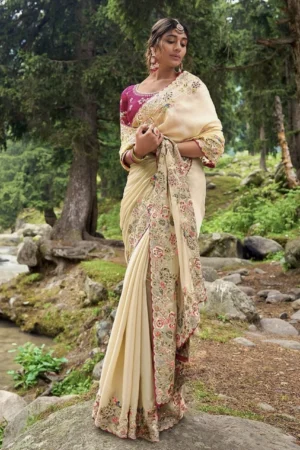 Party Wear Embroidery Cream Saree