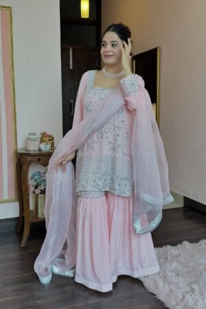 Party Wear Embroidery Baby Pink Palazzo Suit
