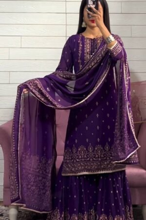 Party Wear Chinon Silk Purple Sharara Set