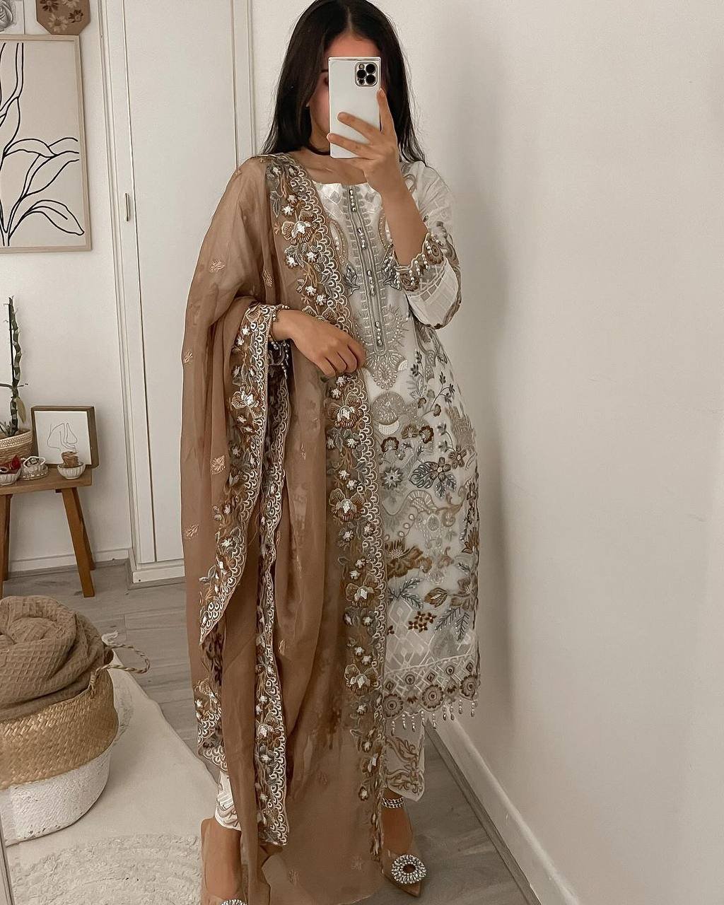 Party Wear Georgette White Kurta Set