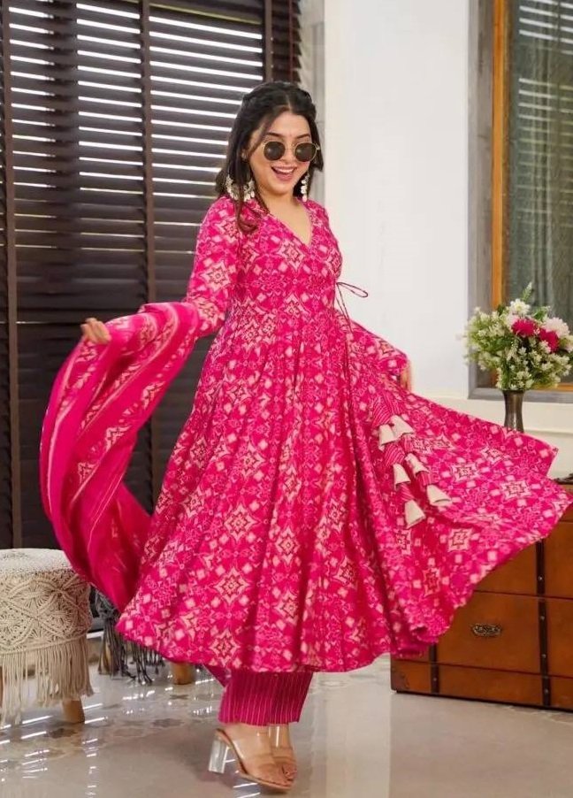 Party Wear Printed Pink Anarkali Kurta Set - Image 3