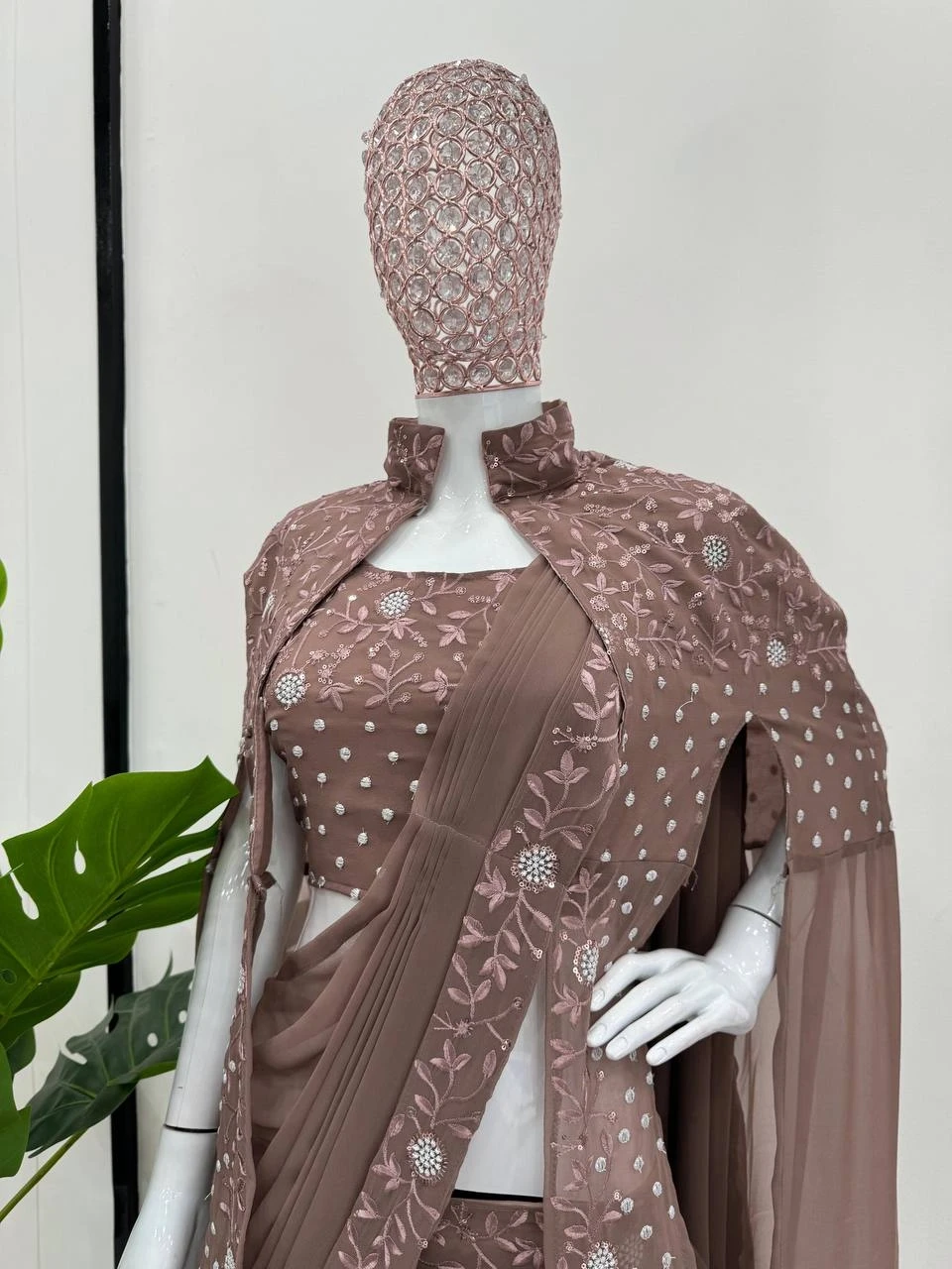 Wedding Wear Georgette Brown Lehenga Saree - Image 2