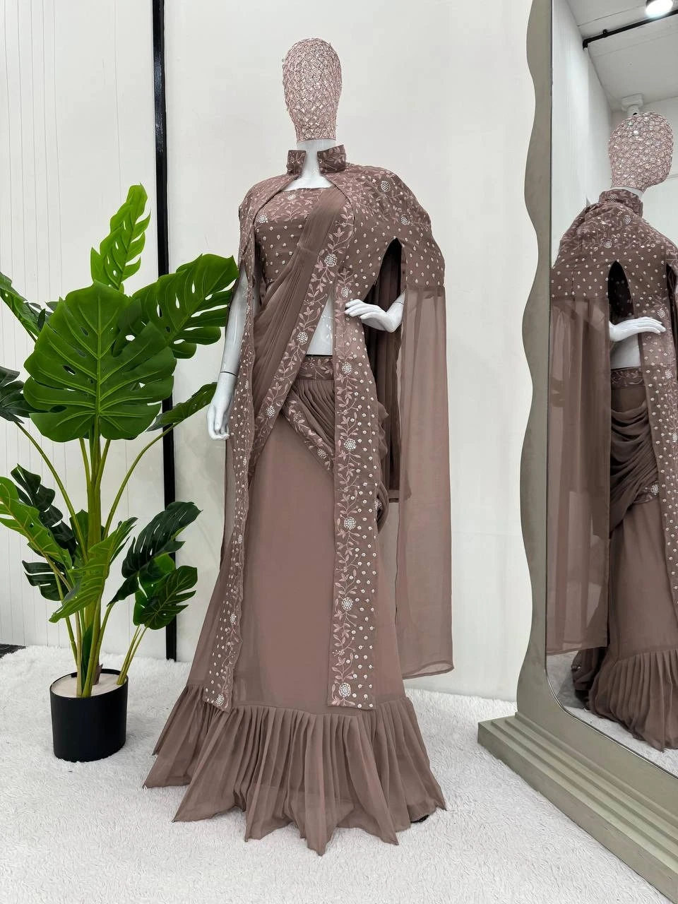 Wedding Wear Georgette Brown Lehenga Saree - Image 4