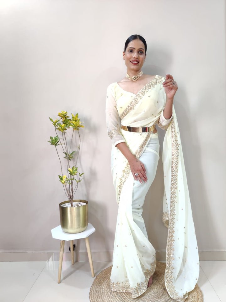 Stunning Ready To Wear White Color Saree - Image 4