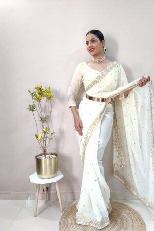 Stunning Ready To Wear White Color Saree