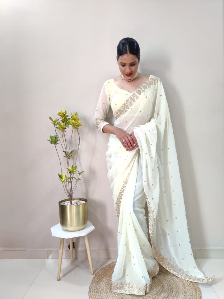Stunning Ready To Wear White Color Saree - Image 3