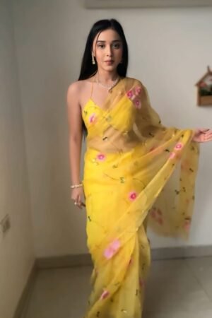 Glimmering Flower Design Yellow Color Ready To Wear Saree