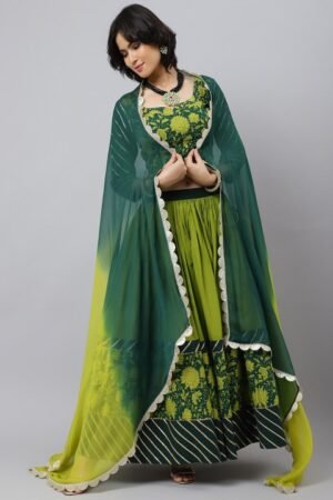 Floral Printed Cotton Lehenga & Blouse With Dupatta
