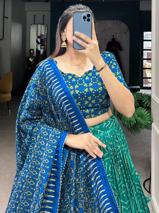 Printed Ready to Wear Silk Lehenga & Semi-Stitched Blouse With Dupatta - Image 2