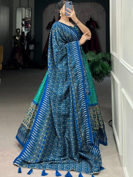 Printed Ready to Wear Silk Lehenga & Semi-Stitched Blouse With Dupatta - Image 6