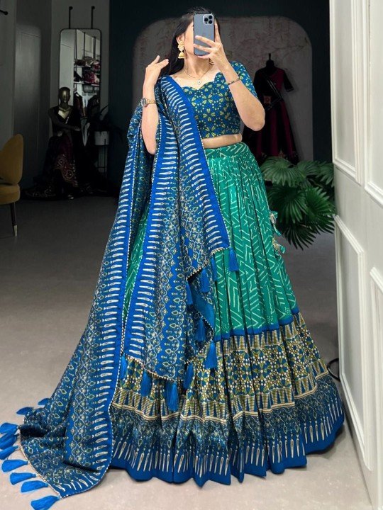 Printed Ready to Wear Silk Lehenga & Semi-Stitched Blouse With Dupatta - Image 3