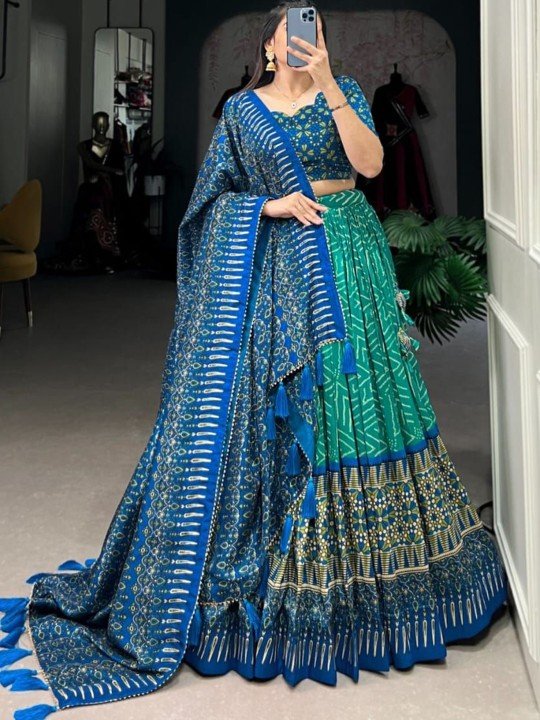 Printed Ready to Wear Silk Lehenga & Semi-Stitched Blouse With Dupatta - Image 4