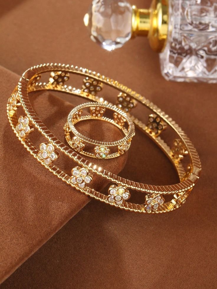 Golden Floral Bracelet and Ring Set
