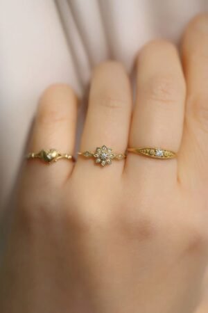 Set of Gold Floral and Geometric Rings