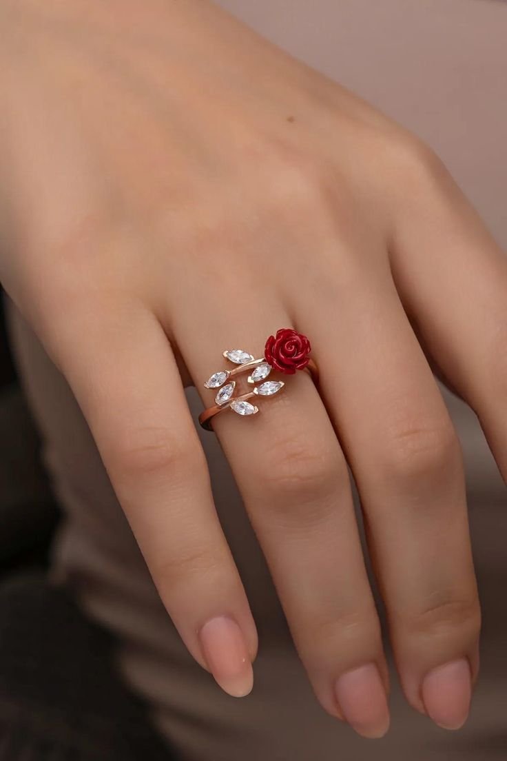 Adjustable Red Rose Ring with Sparkling Gemstone Leaves