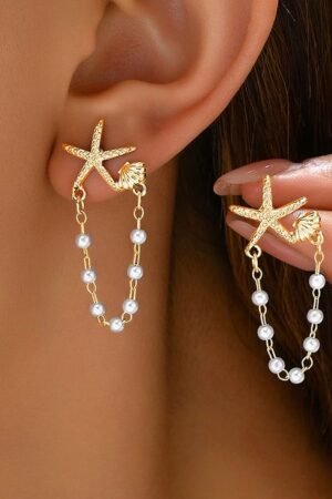 Starfish & Pearl Chain Dangle Earrings