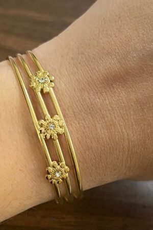 Gold Floral Bangle Set with Diamond Accents