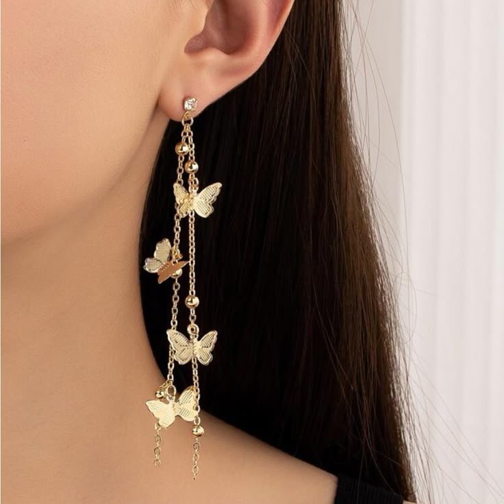 Golden Butterfly Long Dangle Earrings