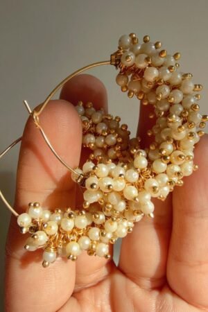 Gold and Pearl Cluster Hoop Earrings