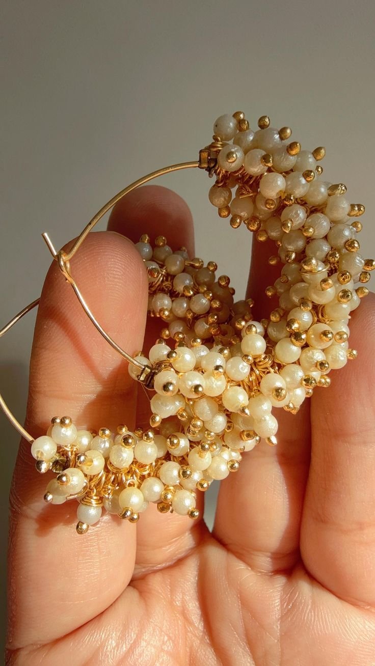 Gold and Pearl Cluster Hoop Earrings