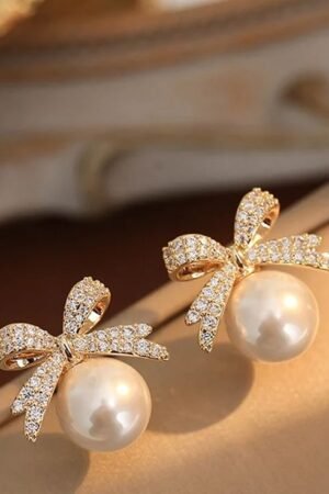Luxurious Gold Bow and Pearl Stud Earrings