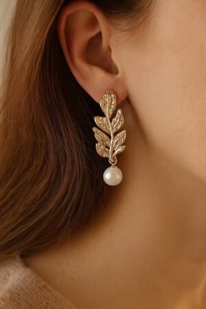 Gold Leaf and Pearl Drop Earrings