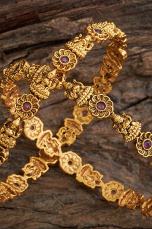 Traditional Floral Gold Bangles with Ruby Accents
