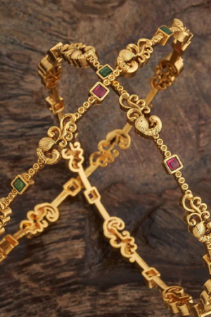 Artistic Gold Bangles with Red and Green Stone Accents