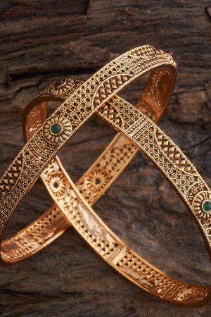 Intricate Antique-Style Gold Bangles with Green Stone Detailing