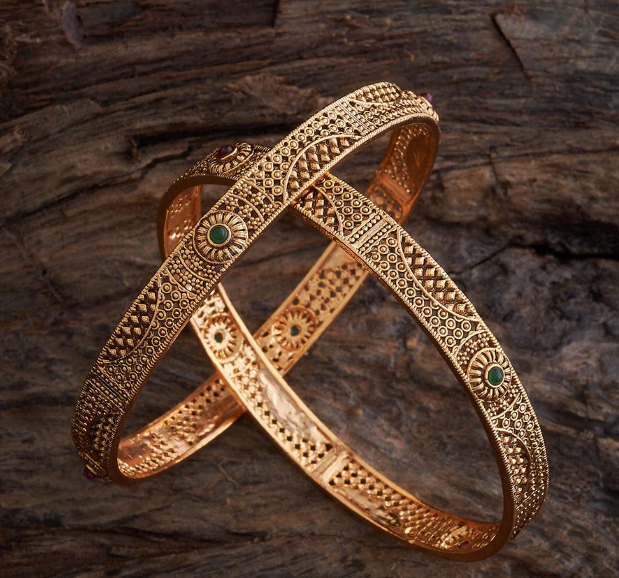 Intricate Antique-Style Gold Bangles with Green Stone Detailing