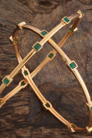 Sleek Gold Bangles with Green Stone Accents