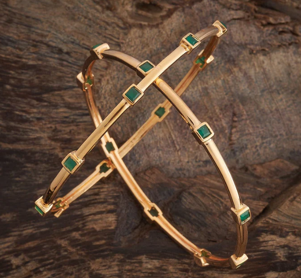 Sleek Gold Bangles with Green Stone Accents
