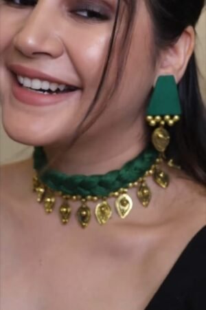 Green Thread Choker Necklace & Earrings with Golden Accents