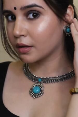 Antique Silver Oxidized Necklace & Earrings Set with Turquoise Stone