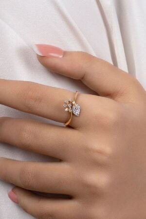 Gold Adjustable Floral Ring with Sparkling Stone