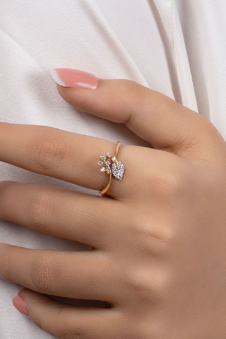 Gold Adjustable Floral Ring with Sparkling Stone