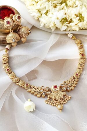 24K Gold-Plated Ruby & Kundan Studded Floral Design Necklace Set with Jhumkas