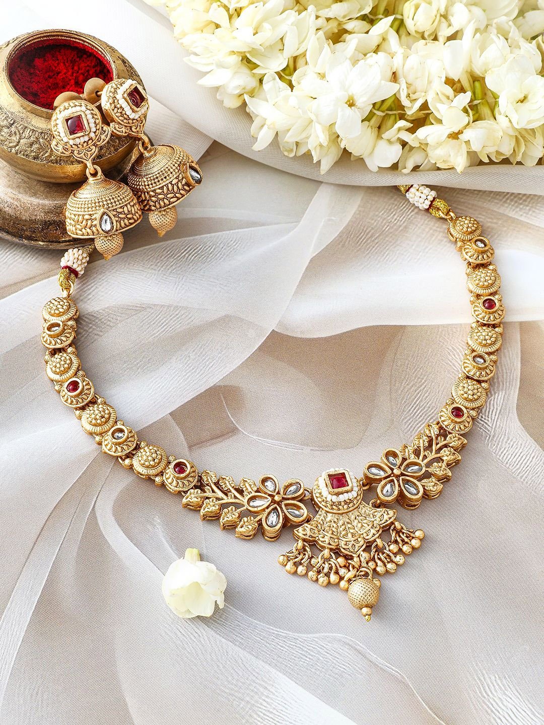 24K Gold-Plated Ruby & Kundan Studded Floral Design Necklace Set with Jhumkas