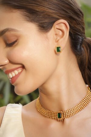 22K Gold-Plated Emerald Green Stone Studded Choker Necklace Set with Gold Beads
