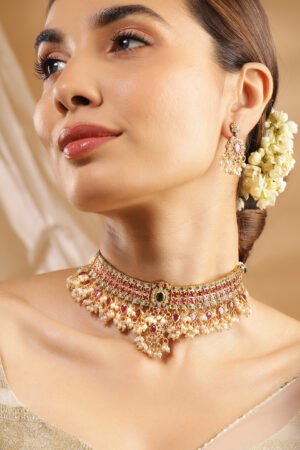22K Gold-Plated Ruby, Emerald & Cubic Zirconia Studded Choker Set with Pearl Beads