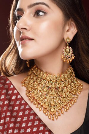 22K Gold Plated Red, Green & White Stone Studded Lakshmi Motif Temple Jewellery Set