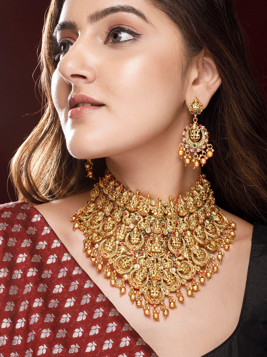 22K Gold Plated Red, Green & White Stone Studded Lakshmi Motif Temple Jewellery Set