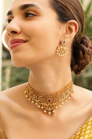 22K Gold Plated Ruby Pink & CZ Studded Pearl Beaded Traditional Choker Jewellery Set